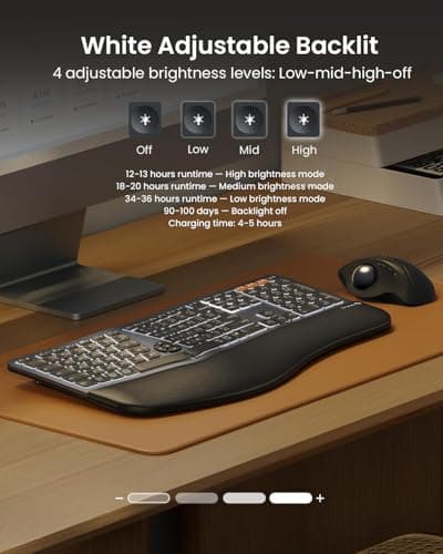 Backlit Bluetooth Ergonomic Keyboard, ProtoArc EK01 Plus Full Size Wireless Split Keyboard with Dual Bluetooth and USB, Cushioned Wrist Rest, Rechargeable for Windows/Mac/Android, Grey Black 2