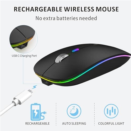 Uiosmuph LED Wireless Mouse, G12 Slim Rechargeable Silent Mouse, 2.4G Portable USB Optical Computer Mice with USB Receiver and Type C Adapter (Matte Black) 4