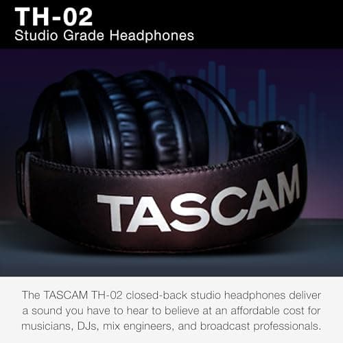 TASCAM TH-02 Professional Studio Monitor Headphones, Wired, Over Ear — for Recording, Podcast, DJ, Music and Guitar, with 1/4 Inch Jack Adapter 2