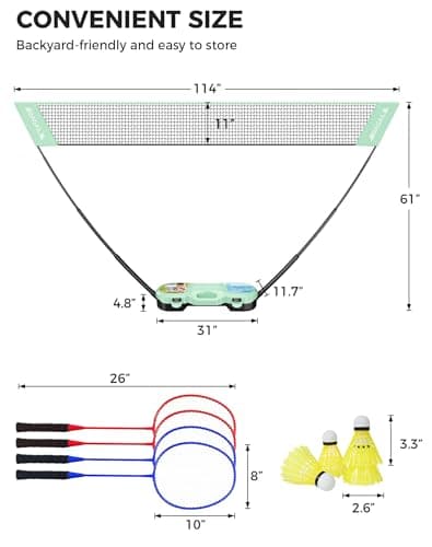 BAGAIL Portable Badminton Net Set, Pop-Up Net with Carry Case, Complete 4 Racket Set for Backyard, Park & Beach Games, Quick Setup Indoor Outdoor Sports Equipment for Backyard Fun 5