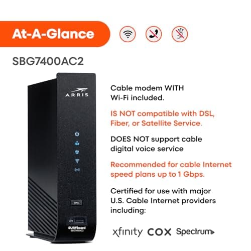 ARRIS (SBG7400AC2) - Modem Router Combo - Fast DOCSIS 3.0 & AC2350 WiFi, for Comcast Xfinity, Cox, check with ISP for compatibility [Not for Spectrum], Four 1 Gbps Ports, 800 Mbps Max Internet Speed 5