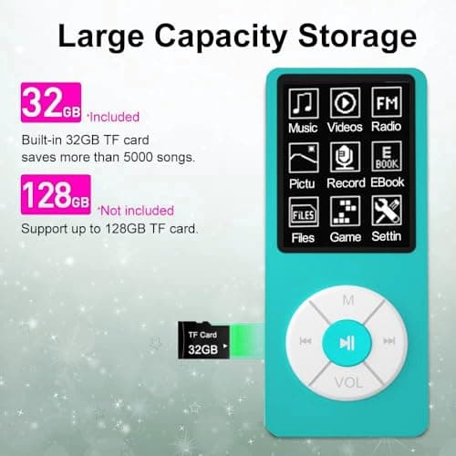 MP3 Player with 32GB TF Card,Built-in HD Speaker,Portable HiFi Music Player with Video/Voice Recorder/FM Radio/Photo Viewer/E-Book Player for Kids 2