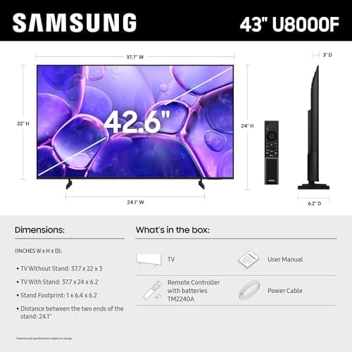 Samsung 43-Inch Class Crystal UHD U8000F 4K Smart TV (2025 Model) Endless Free Content, Crystal Processor 4K, MetalStream Design, Knox Security, Alexa Built-in 2