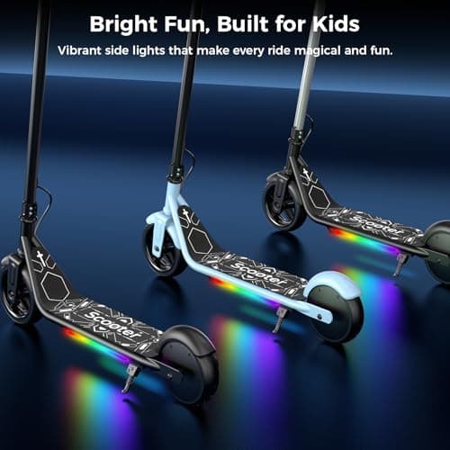 Electric Scooter for Kids, 150W Motor, Simple One-Button Control, 2 Safe Speeds (6/10 MPH), Colorful Lights, Magnetic Charging, Dual Brake System, Ideal Presents for Boys & Girls 4
