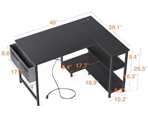 ODK 40 Inch Small L Shaped Gaming Computer Desk with Power Outlets, Reversible Storage Shelves & PC Stand for Home Office, Simple Writing Study Table with Storage Bag for Small Space, Black 3