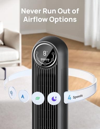 Dreo Tower Fan for Bedroom, 25ft/s Velocity Quiet Floor Fan, 90° Oscillating Fans for Indoors with 4 Speeds, 4 Modes, 8H Timer, Standing Fans, Bladeless Fan, Black, Nomad One (DR-HTF007) 5