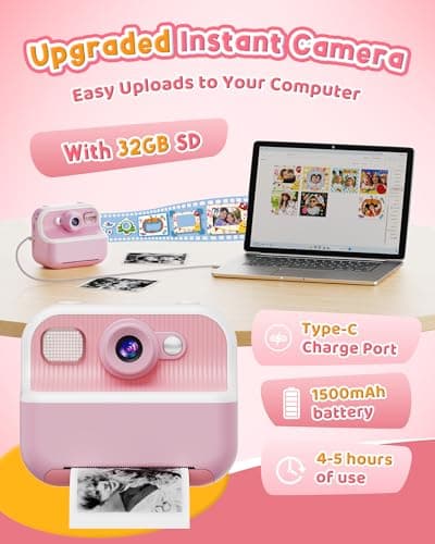 Instant Camera, Front Rear Dual Selfie Kids Camera with 1080P Videos, Holiday Birthday Gifts for Kids Age 3-12, Toddler Portable Travel Print Digital Camera Toy for 4 5 6 7 8 9 Year Boys Girls 4