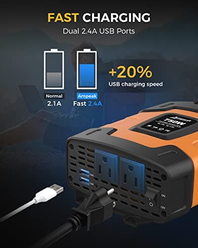 Ampeak 750W Power Inverter 4.8A Dual USB Ports 2 AC Outlets Car Inverter DC 12V to AC 110V 11 Protections for Appliances 4
