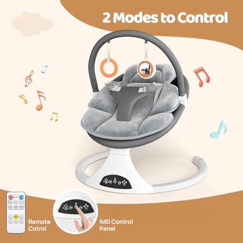 Electric Baby Swing with Remote Control - 5 Natural Motion Speeds, Detachable Seat Pad | Portable Infant Swing for Indoor/Outdoor Use (0-6M, 20lbs) (Gray) 2