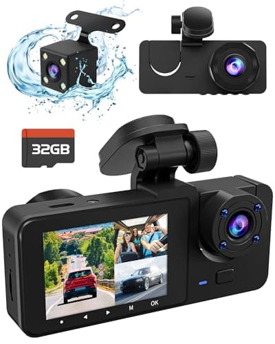 Dash Cam Front and Rear Inside, 4K Full HD Triple Dash Camera for Cars, Car Camera with 32GB Card,Built-in Loop Recording,G-Sensor,24H Parking Monitor,WDR,Accident Lock