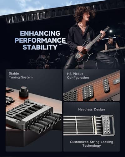Donner HUSH X Electric Guitar Kit - Featherlight Headless Guitar, Great for Travel and Practice, Mahogany Solid Body with Easy Assemble Stands, Gig Bag, All Accessories, Sunburst 5