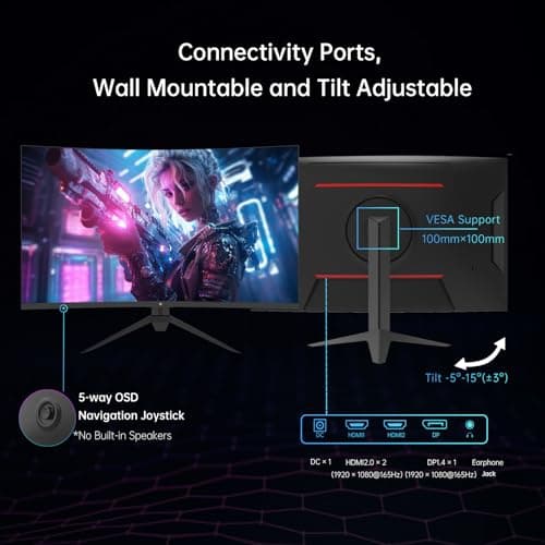 KTC 32 Inch FHD 1080p Curved Gaming Monitor - VA 1500R Curved Monitor, 165Hz 1ms MPRT, FreeSync & G-Sync, 122% sRGB, DP/HDMI, VESA, HDR10 for Gaming Home Office Business PC Monitor 4