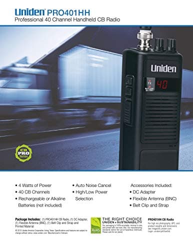 Uniden PRO401HH Professional Series 40 Channel Handheld CB Radio, 4 Watts Power with Hi/Low Power Switch, Auto noise cancellation, Belt Clip And Strap Included, 2.75in. x 4.33in. x 8.66in. 3