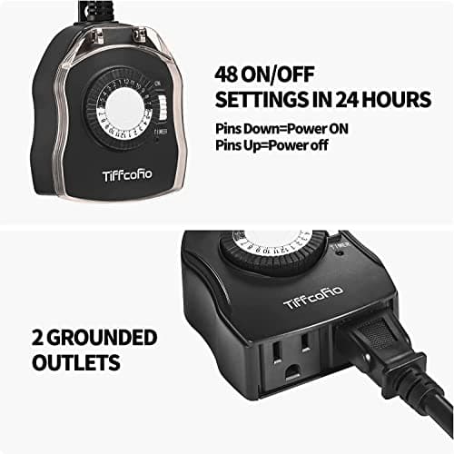 TiFFCOFiO Outdoor Timer Outlet, 24 Hour Mechanical Outdoor Timer for Pool Pump, Outdoor Light Timer Waterproof, 2 Grounded Outlets for Home and Garden, 15A 1/2HP, Heavy Duty, CSA Listed (1 Pack) 2