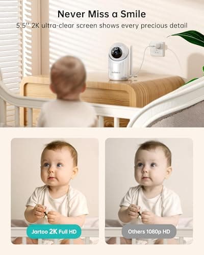 Jartoo 2K Video Baby Monitor with Camera and Audio, 1860ft Long Range Baby Monitor No WiFi 5.5" FHD Screen ANC Baby Camera Wireless, Feeding Clock, Night Vision, 2-Way Talk, AI Cry Detect, 6000mAh 2
