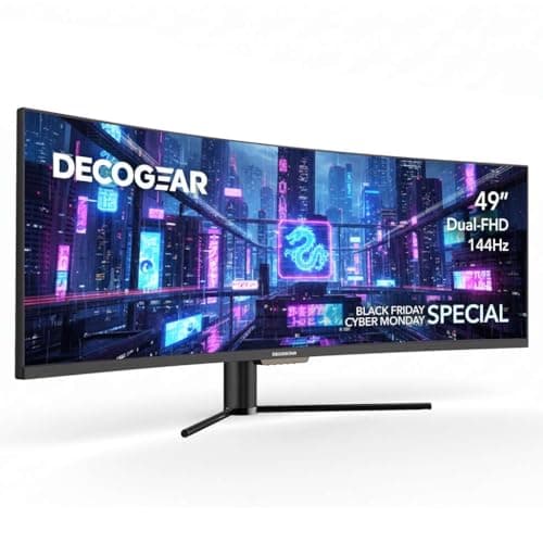 Deco Gear 49” Curved Business & Gaming Ultrawide Monitor (32:9 WDFHD 3840×1080), 144Hz, HDR400, VA Panel, 4ms, Adaptive Sync, USB-C 65W, HDMI/DP, PBP/PIP, KVM, Height-Adjustable Stand