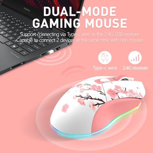 DAREU Sakura Pink Wireless Gaming Mouse with Charging Dock Rechargeable RGB,12K DPI,6 Programmable Buttons High-Precision Sensor [300IPS] [1000Hz] for PC Notebook Mac 3