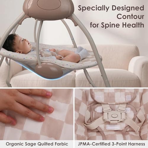 Baby Swings for Infants, Tiny Marvels Portable Swing with Adaptable Speed, Music, Removable-Toy-Bar, Foldable Infant Swing for Indoor and Outdoor Use, 0-9 Months 6-20 lbs(Sander Checker) 4