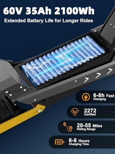 50MPH Electric Scooter Adults 6000W Dual Motor, 60V 35Ah Battery, Max 55Miles Fast Sports Escooter, 11" Foldable Off-Road E Scooter with Dual Hydraulic Brakes & Full Suspension (with Seat, Yellow) 4
