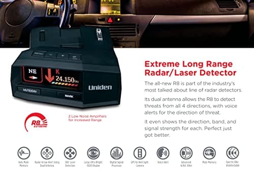 UNIDEN R8 Extreme Long-Range Radar/Laser Detector, Dual-Antennas Front & Rear Detection w/Directional Arrows, Built-in GPS w/Real-Time Alerts, Voice Alerts, Red Light Camera and Speed Camera Alerts 5