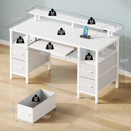 Seventable White Computer Desk with Drawers, Gaming Desk with Keyboard Tray, Office Desk with LED Lights & Power Outlets, 47 inch Writing Desk with Monitor Stand for Small Space 3