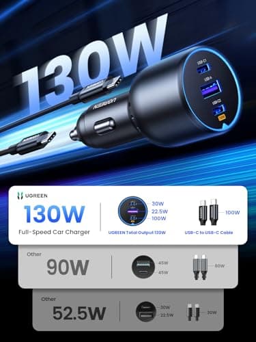 UGREEN 130W USB C Car Charger, PD 100W +PD 30W Type C Car Charger Adapter Compatible with iPhone 17/17 Air/17 Pro/17 Pro Max/16/15/14/13/12 Series, Galaxy S24 S23 Ultra, iPad, MacBook, and More 2