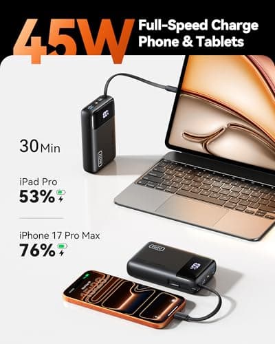 INIU 45W Portable Charger, Smallest 20000mAh Power Bank with Build in USB-C Cable, Fast Charging USB C in&Out Battery Pack, Travel Phone Charger for iPhone 17 16 15 Air Samsung S25 S24 Google iPad etc 2