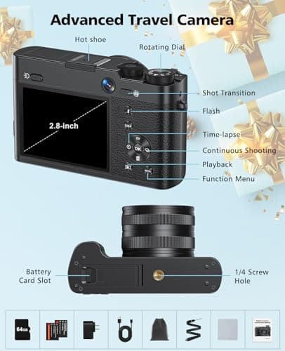 Digital Camera, 6X Optical Zoom & WiFi, 5K 30FPS 64MP Vlogging Camera, Rear and Front Cameras for Photography and Video, Autofocus & Anti-Shake, Travel Selfie for YouTube with Flash Dial 64GB Card 3