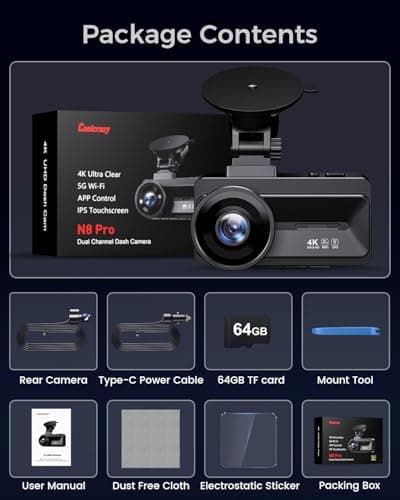 COOLCRAZY 4K Dash Cam Front and Rear with Touch Screen & STARVIS Sensor,5.8Ghz Wi-Fi,GPS,64GB Card,Night Vision Dashcam,G-Sensor,Loop Recording,App Control,24H Parking Monitor Car Camera 5