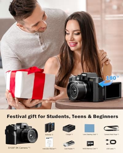 NBD 8K Digital Cameras for Photography,64MP Camara Fotograficas,Travel Vlogging Cameras for YouTube with 180°Flip Screen,16X Digital Zoom,52mm Macro Lens,2 Batteries,64GB TF Card(Black) 5
