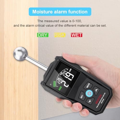 MESTEK Pinless Moisture Meter for Wood, Walls & Drywall, Digital Moisture Detector, Concrete Moisture Meter & Firewood Reader, Detects up to 40mm Below Surface with 3-Color LCD Display, Audible Alarm 4
