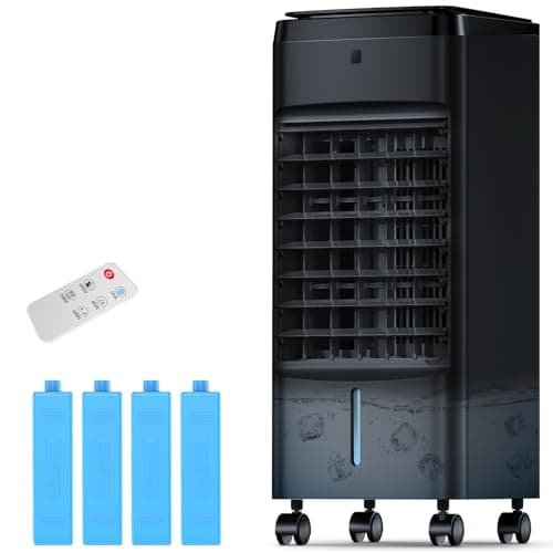 NOMEY Evaporative Air Cooler, 3-IN-1 Air Conditioner Portable for Room w/ 4 Modes & 3 Speed, 12H Timer, 1 Gal Detachable Water Tank, 4 Ice Packs, Remote, 70° Oscillation Air Cooler for Bedroom Indoor