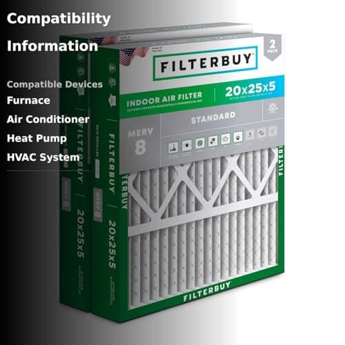 Filterbuy 20x25x5 Air Filter MERV 8 Essential Dust & Allergy Defense (2-Pack), Pleated HVAC AC Furnace Filters for Honeywell FC100A1037, Lennox X6673, and More (Actual Size: 19.88 x 24.75 x 4.38) 3