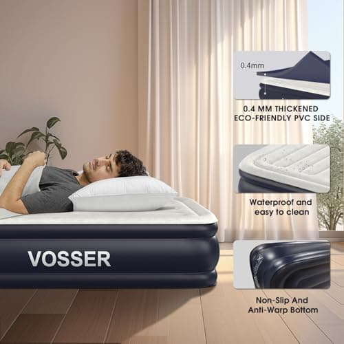 VOSSER Air Mattress Full with Built in Pump,18''Inflatable Mattress of Upgraded Vertical Beams,Self Inflatable/Deflation Blow Up Mattress in 3 Mins,Flocked Top Airbed with Carry Bag for Home, Camping 3