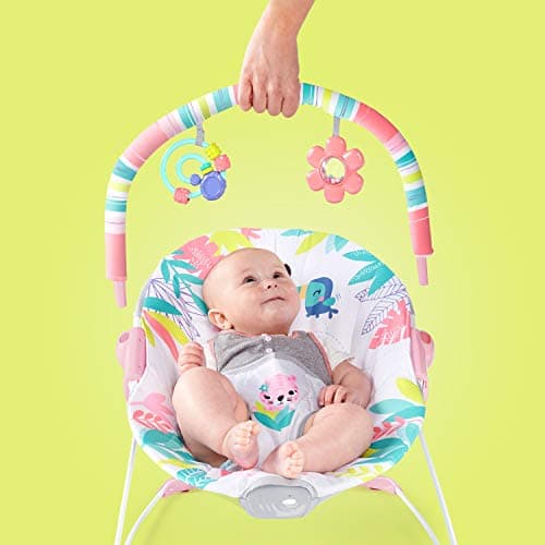 Bright Starts Baby Bouncer Soothing Vibrations Infant Seat - Removable-Toy Bar, Nonslip Feet, 0-6 Months Up to 20 lbs (Flamingo Vibes, Pink) 3