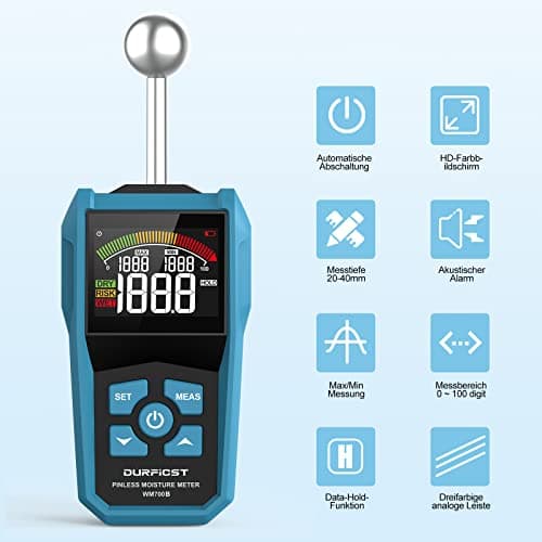 Moisture Meter, DURFICST Pinless Moisture Meter with LCD Display Color Screen and Audible Alarm for All Building Materials, Wood, Walls, Plaster, Masonry… 2