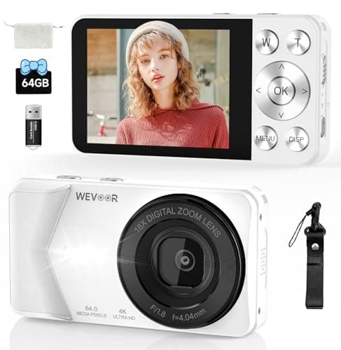 4K Digital Camera, Wevoor 64MP Point and Shoot Digital Camera with Autofocus, 18X Zoom, 20 Filters, 64GB SD Card, 2000 mAh Battery, 2.8" Screen Compact Vlogging Camera for Beginners Teens Adult(White)