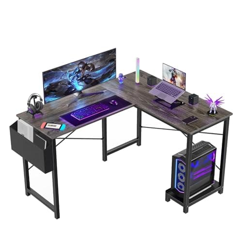Sweetcrispy L Shaped Desk Gaming Computer 50 Inch Reversible Corner PC Work Table for Writing Study Student with Wood Tabletop Metal Frame CPU Stand Side Bag for Home Office Small Space, Grey