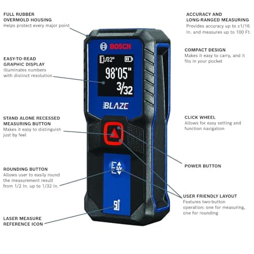 BOSCH GLM100-23 100 Ft Blaze Laser Distance Measure, Includes 2 AA Batteries 3