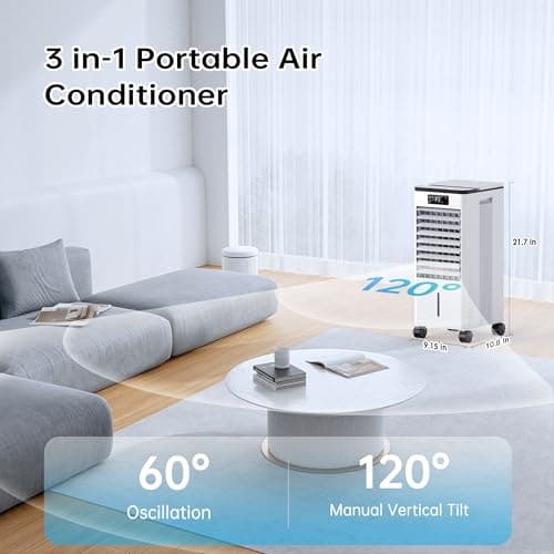 Feculs Portable Air Conditioners No Windows Needed, 3-IN-1 Swamp Cooler, Evaporative Air Cooler, 4 Modes & 3 Speeds, 2-Gal Water Tank for Long Cooling, Max 20 FT/S Remote Control, 12 Hours Timer 2