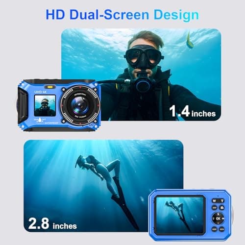 4K Underwater Camera 33FT Waterproof Camera for Snorkeling with 32GB Card Dual-Screen Compact Dustproof Floatable Autofocus UHD 64MP Point and Shoot Digital Camera 1500mAh Battery 5