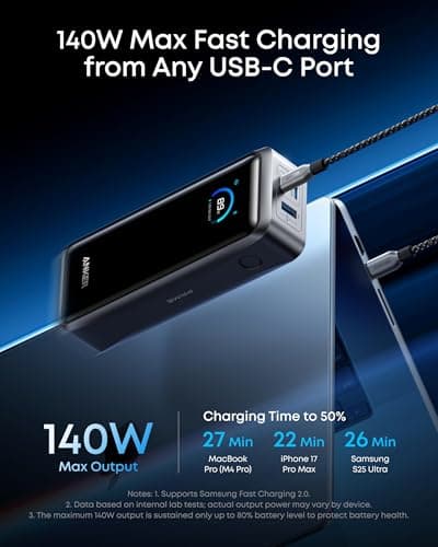 Anker Prime Power Bank, 26,250mAh 3-Port Portable Charger with 300W Max Output, Two-Way Charging, TSA-Approved, App Control, for MacBook, iPhone 17/16 Series, and More (Base Not Included) 3