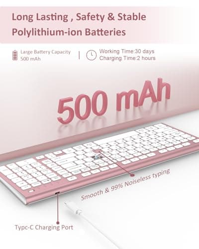 FENIFOX Wireless Keyboard, Bluetooth & 2.4G USB & USB-C Rechargeable Silent Ultra Quiet Low Profile Compact Full Size with Number Pad Soft Multi Device for Mac MacBook Windows PC - Pink & Rose Gold 4