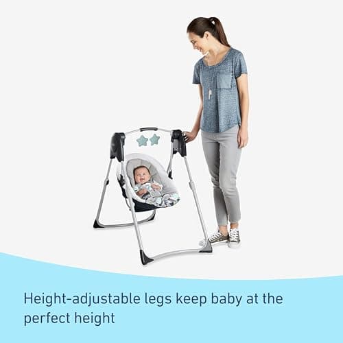 Graco Slim Spaces Compact Baby Swing, Space Saving Portable Bay Swing with Height Adjustable Legs & Soft Toys, Reign 5