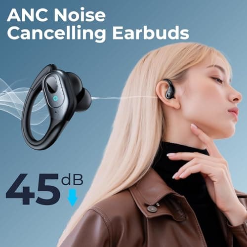 occiam Active Noise Cancelling Earbuds Wireless Bluetooth Headphones Ear Buds 90Hrs Playback Stereo Bass Earphones with Mic Over-Ear Hooks IPX7 Waterproof Headset for Work Sports Running Gym Black 2