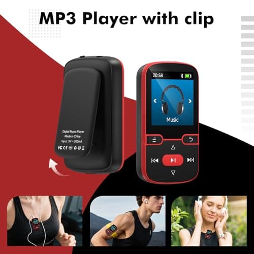 64GB MP3 Player Bluetooth 5.3 with Clip, HiFi Sports Music Player, 1.5 Inch Screen MP3 Player for Kids with Physical Buttons, FM Radio/Pedometer/Voice Recorder, Weighs Only 28g, TF Card Up to 128G 3