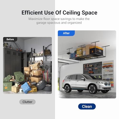 FLEXIMOUNTS 4x8 Overhead Garage Storage Rack, Adjustable Organization System, Heavy-Duty Metal Ceiling Racks, 750lbs Weight Capacity, Hammertone, Classic Series 5