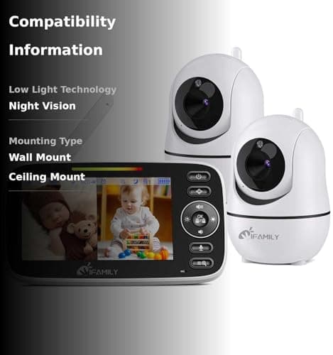 iFamily Split Screen Baby Monitor, Large Display Video Baby Monitor with 2 Cameras and Audio, Long Range, Remote pan tilt, Night Vision, Temperature Sensor, 2 Way Talk, Feeding Clock and lullabies. 3
