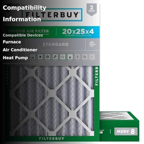 Filterbuy 20x25x4 Air Filter MERV 8 Essential Dust & Allergy Defense (2-Pack), Electrostatic Pleated HVAC AC Furnace Filters Replacement, Made in USA (Actual Size: 19.50 x 24.50 x 3.63) 3