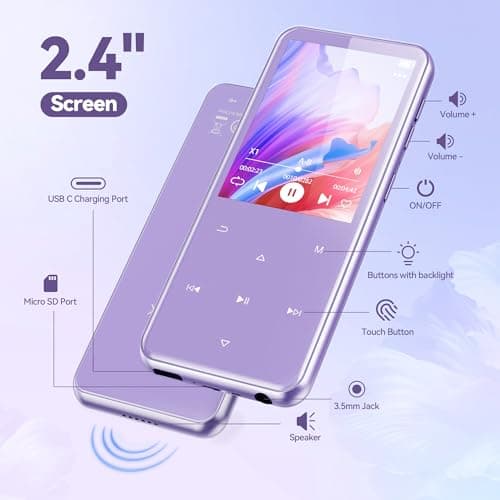 AGPTEK 64GB MP3 Player with Bluetooth, M3 2.4 inch Music Player with Speaker and FM Radio, Touch Buttons, Supports Up to 128GB(Purple) 5